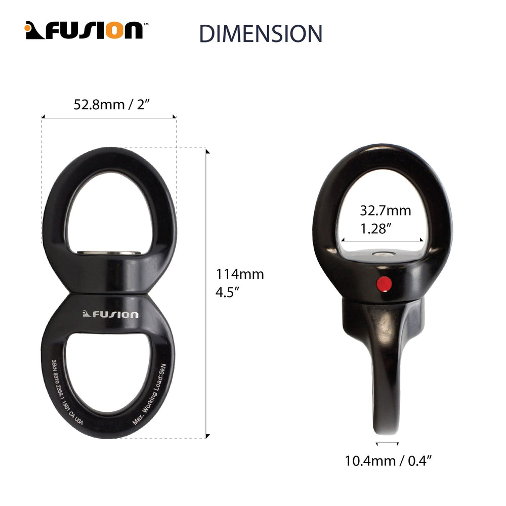 Fusion Climb aluminum oval swivel with SUS304 safety hooks and screw gate.