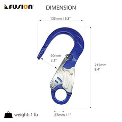 Fusion Poseidon II hook gate detail highlighting stainless steel self-locking latch.