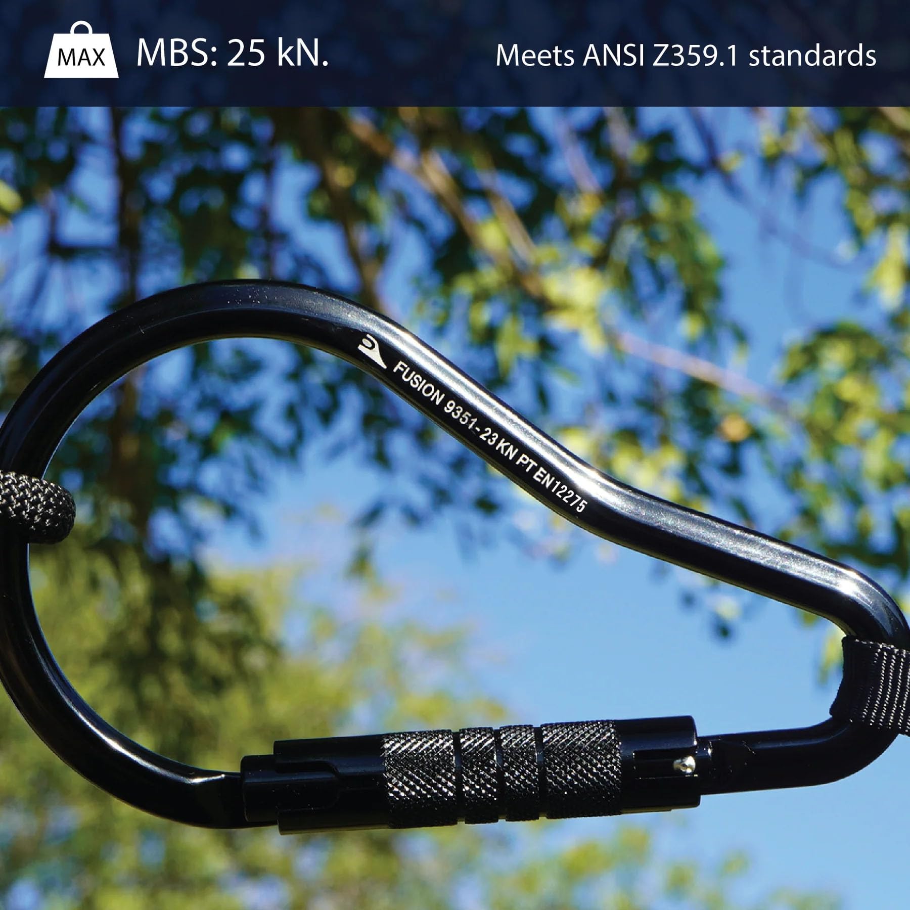 Fusion Climb Prima Alumn auto-lock ladder hook information highlighting MBS 23 kN.