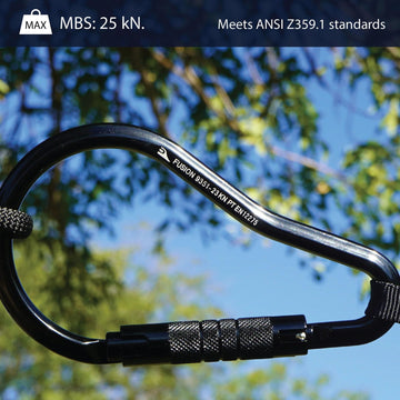 Fusion Climb Prima Alumn auto-lock ladder hook information highlighting MBS 23 kN.