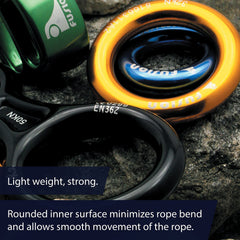 Fusion Climb blue anodized rings laid out for rigging and rescue drills.