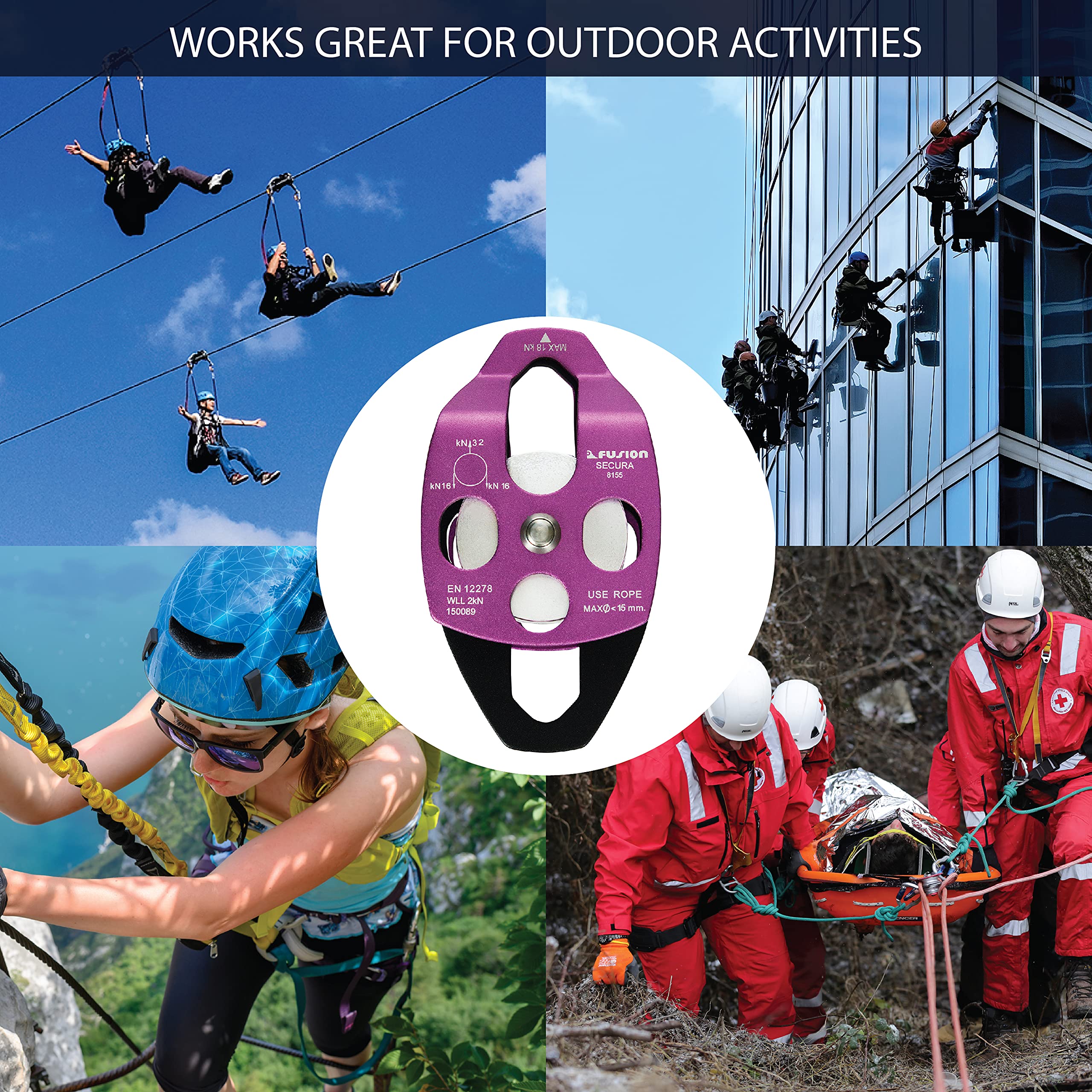 Fusion Climb Secura Pulley dimensions and 32 kN MBS specification