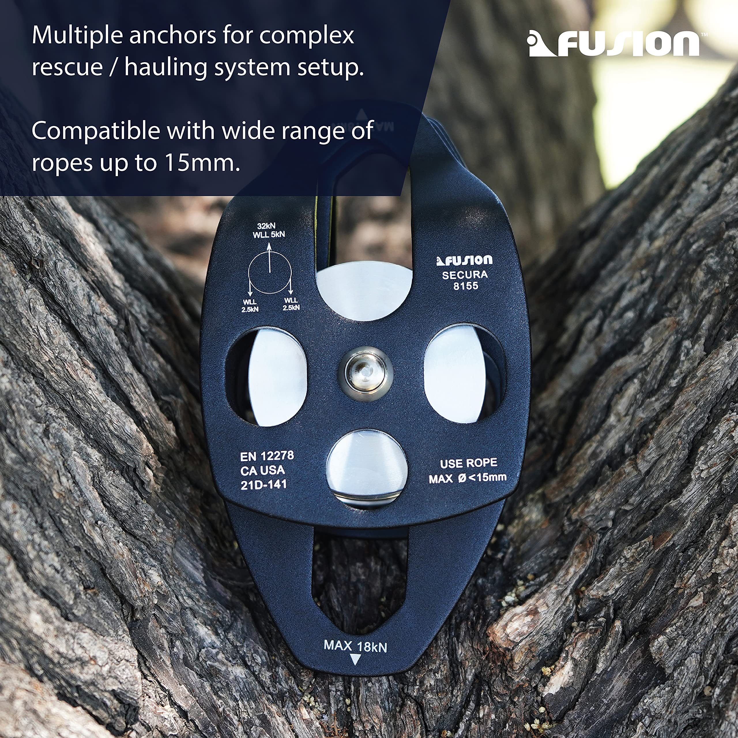 Fusion Climb Secura Pulley rounded edges and bushing protect rope during use