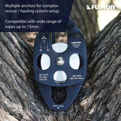 Fusion Climb Secura Pulley rounded edges and bushing protect rope during use