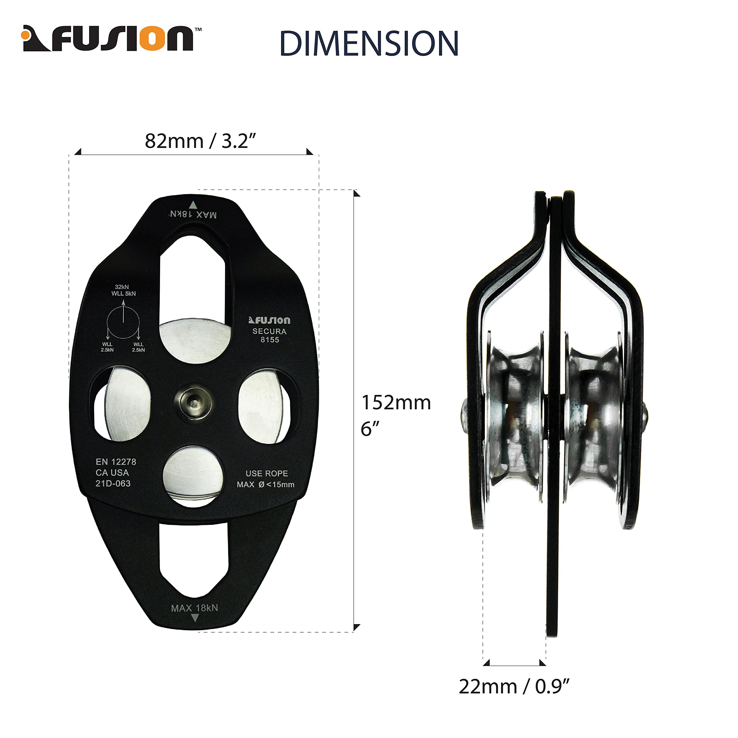 Fusion Climb Secura Pulley three plates closeup shows secure rope setup and easy installation