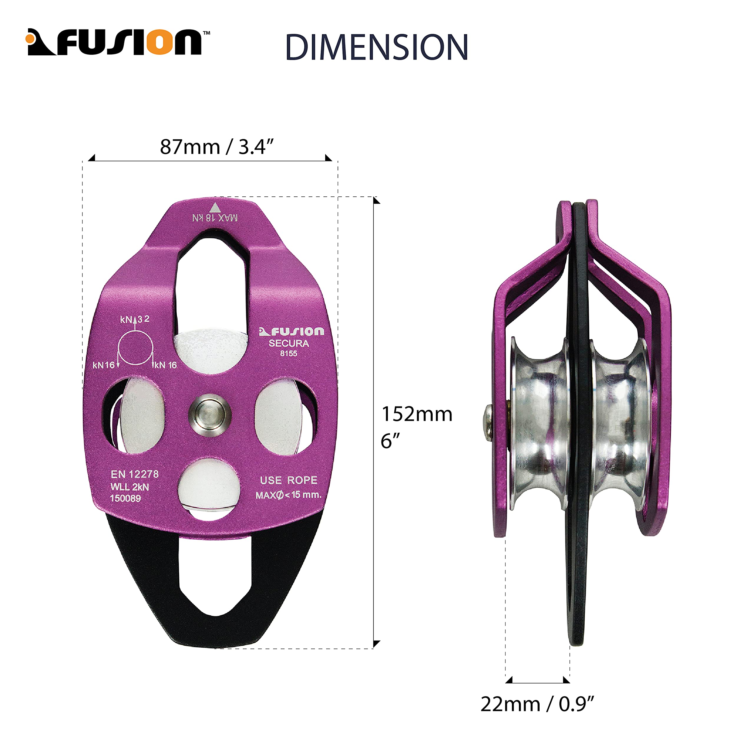 Fusion Climb Secura Pulley shows three-plate design and side cheeks for secure rope setup