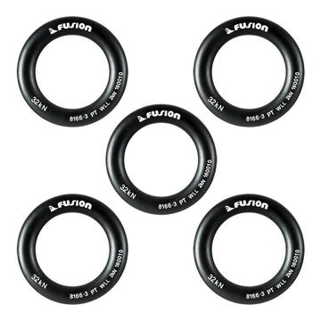Fusion Climb small 2-inch aluminum O-Ring in orange and black, lightweight anchor point for rigs.