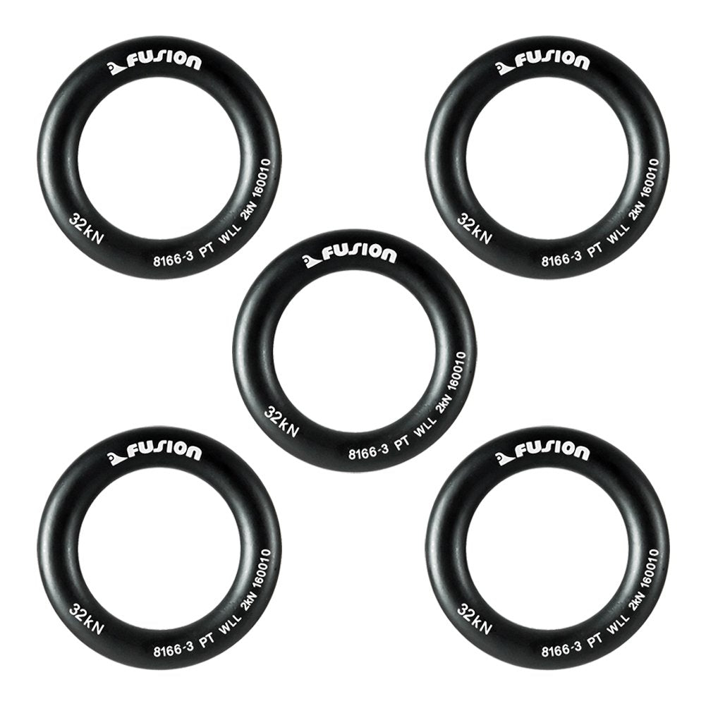 Fusion Climb small 2-inch aluminum O-Ring in orange and black, lightweight anchor point for rigs.