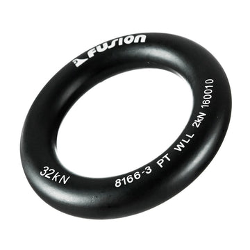Handheld view of the orange-black Fusion Climb O-Ring, versatile safety connector for gear.