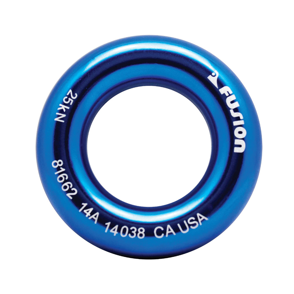 Fusion Climb blue aluminum O-ring closeup highlighting lightweight strength for outdoor use