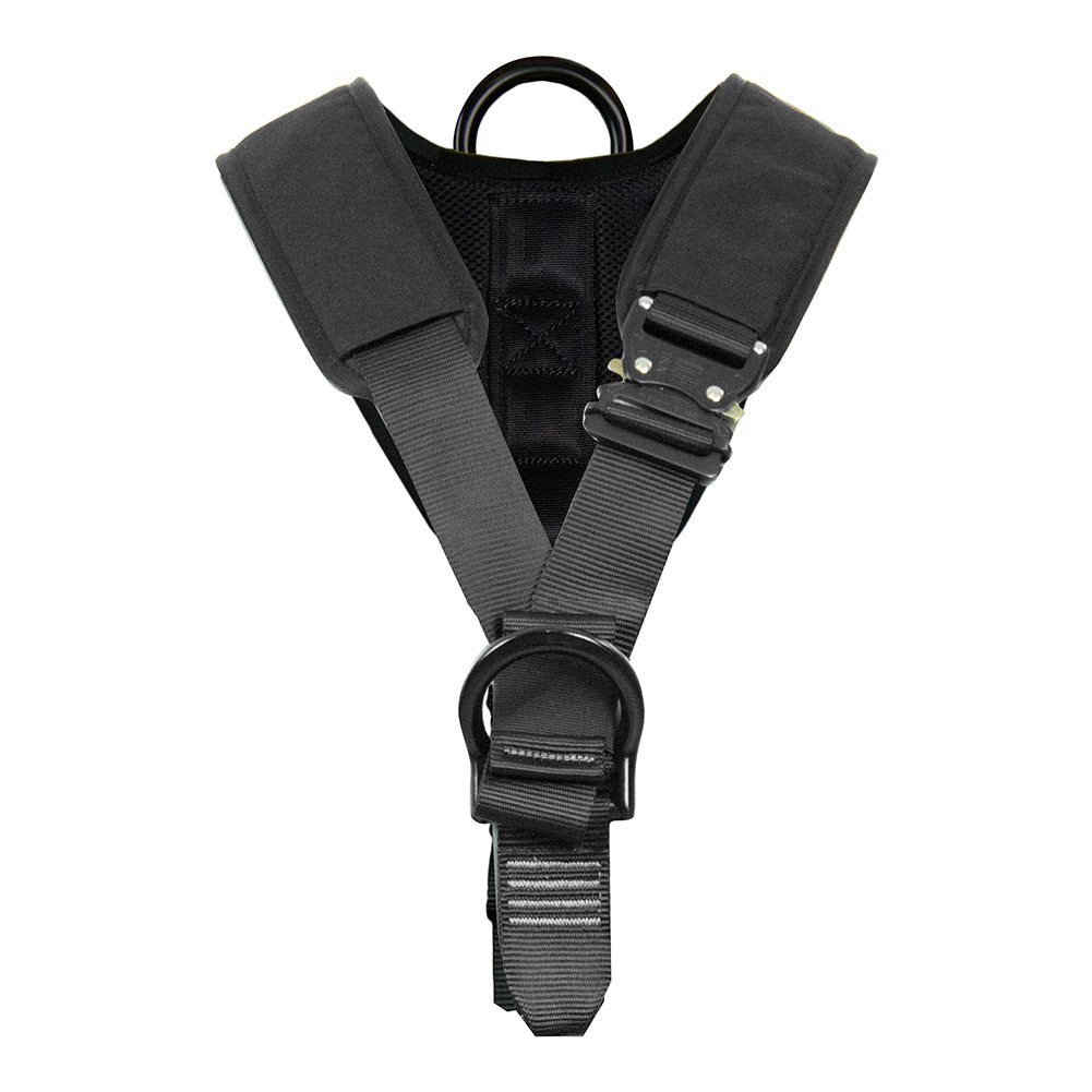 Fusion Climb Spartacus EVA padded harness front view with durable front D-rings for zipline setup.