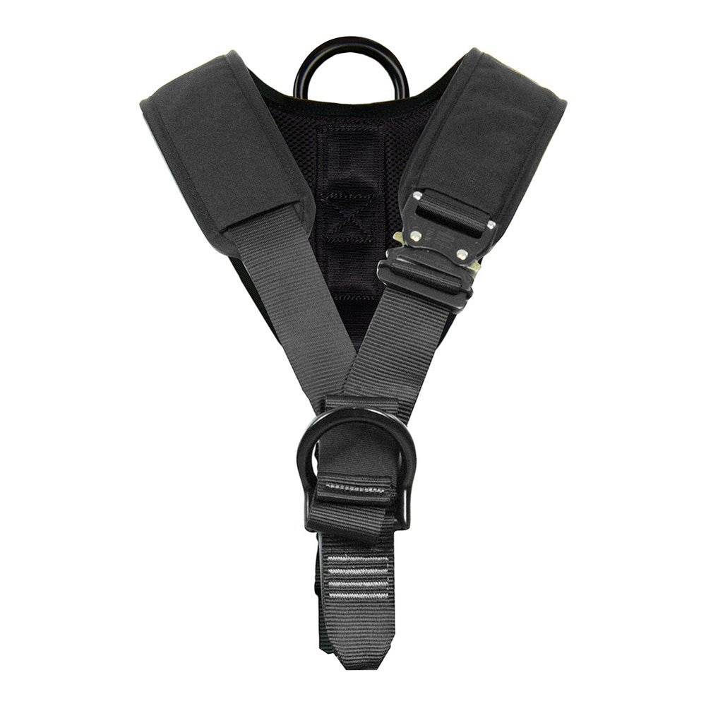 Fusion Climb Spartacus EVA padded harness front view with durable front D-rings for zipline setup.