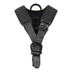 Fusion Climb Spartacus EVA padded harness front view with durable front D-rings for zipline setup.