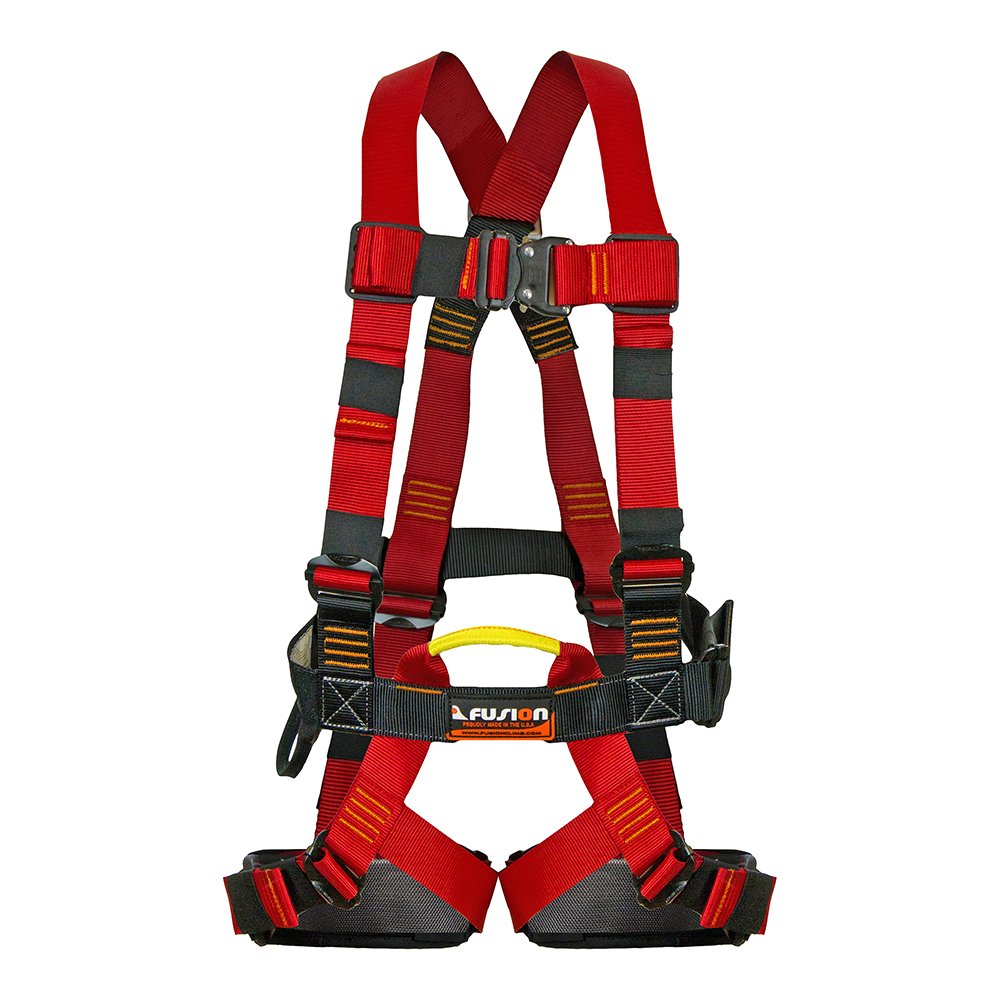 Fusion Climb Streak Racer harness front view for comfortable ziplining and climbing sessions.