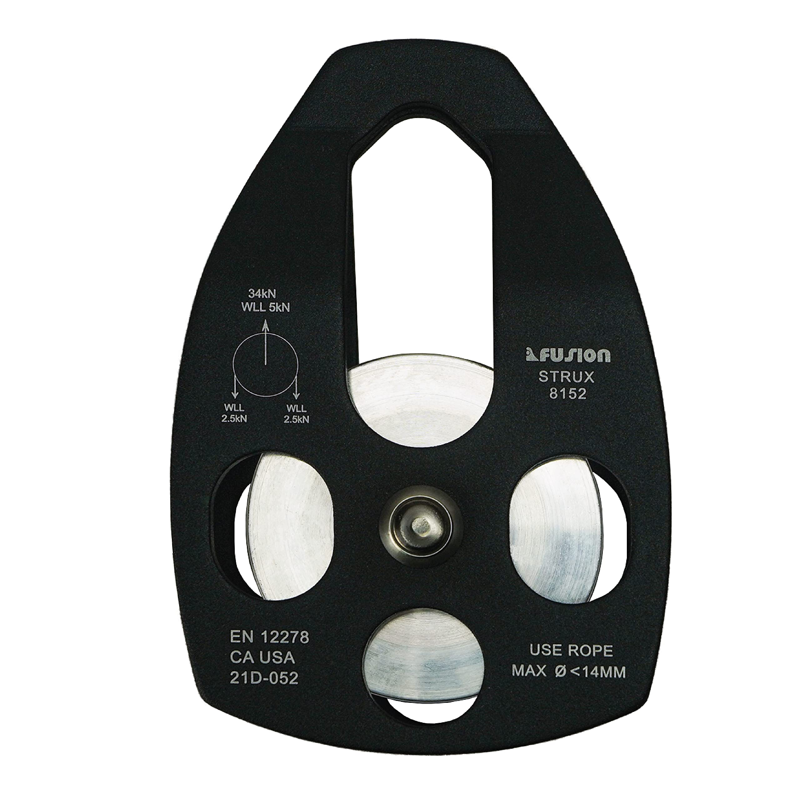 Fusion Climb Strux Pulley with side swing cheeks for secure rope setup.