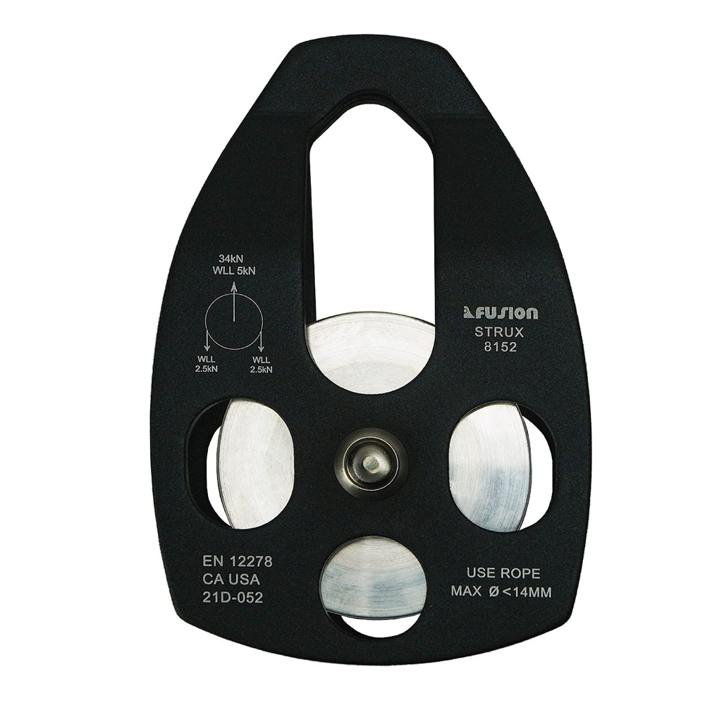 Fusion Climb Strux Pulley with side swing cheeks for secure rope setup.