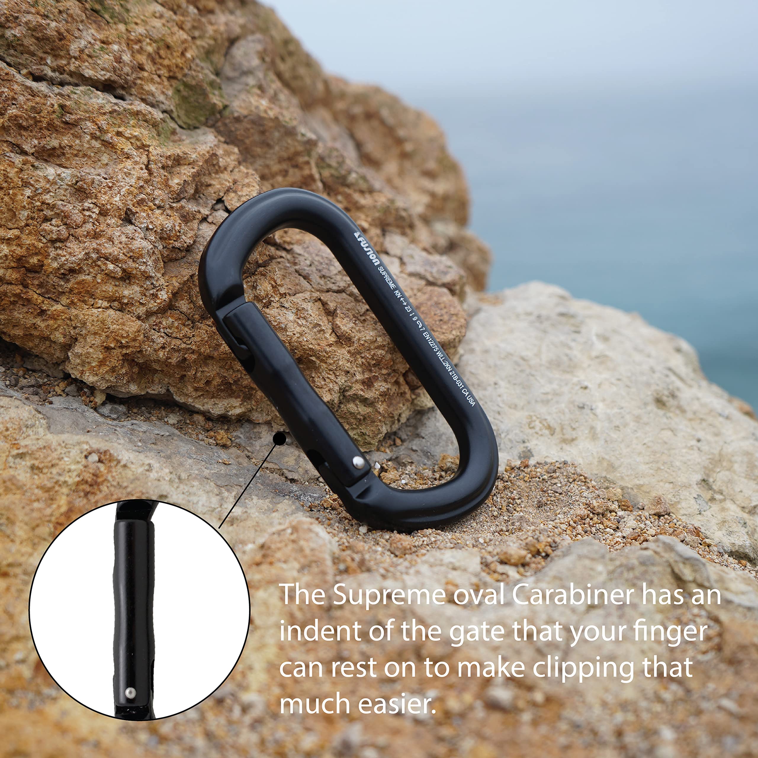 Fusion Climb Supreme II side profile showing slim, durable straight gate construction.