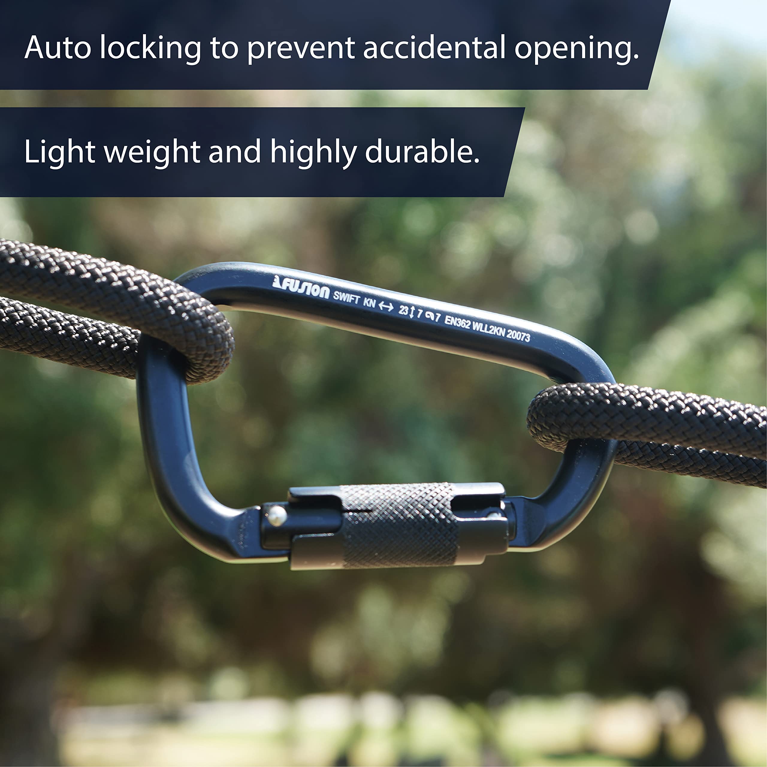 Fusion Climb Swift Lock demonstrates versatile use across hiking, climbing, hammocks, and more.