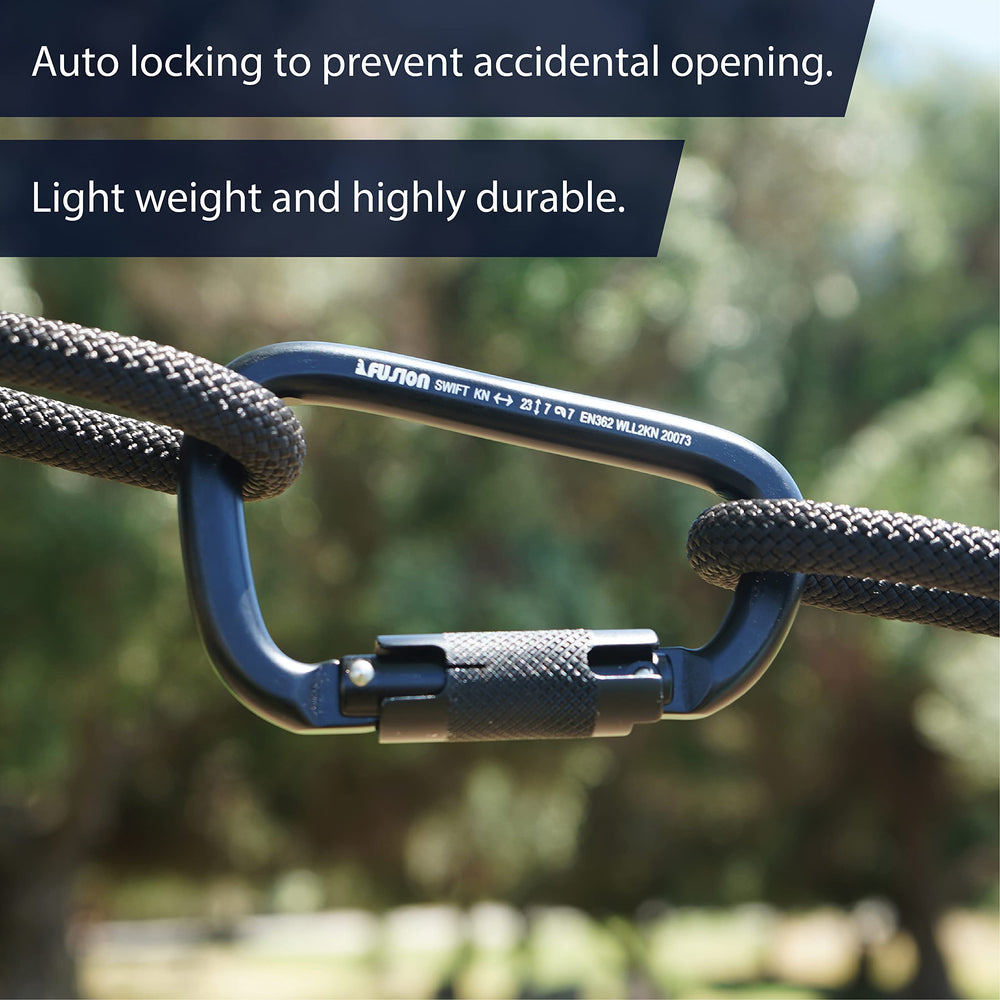 Fusion Climb Swift Lock demonstrates versatile use across hiking, climbing, hammocks, and more.