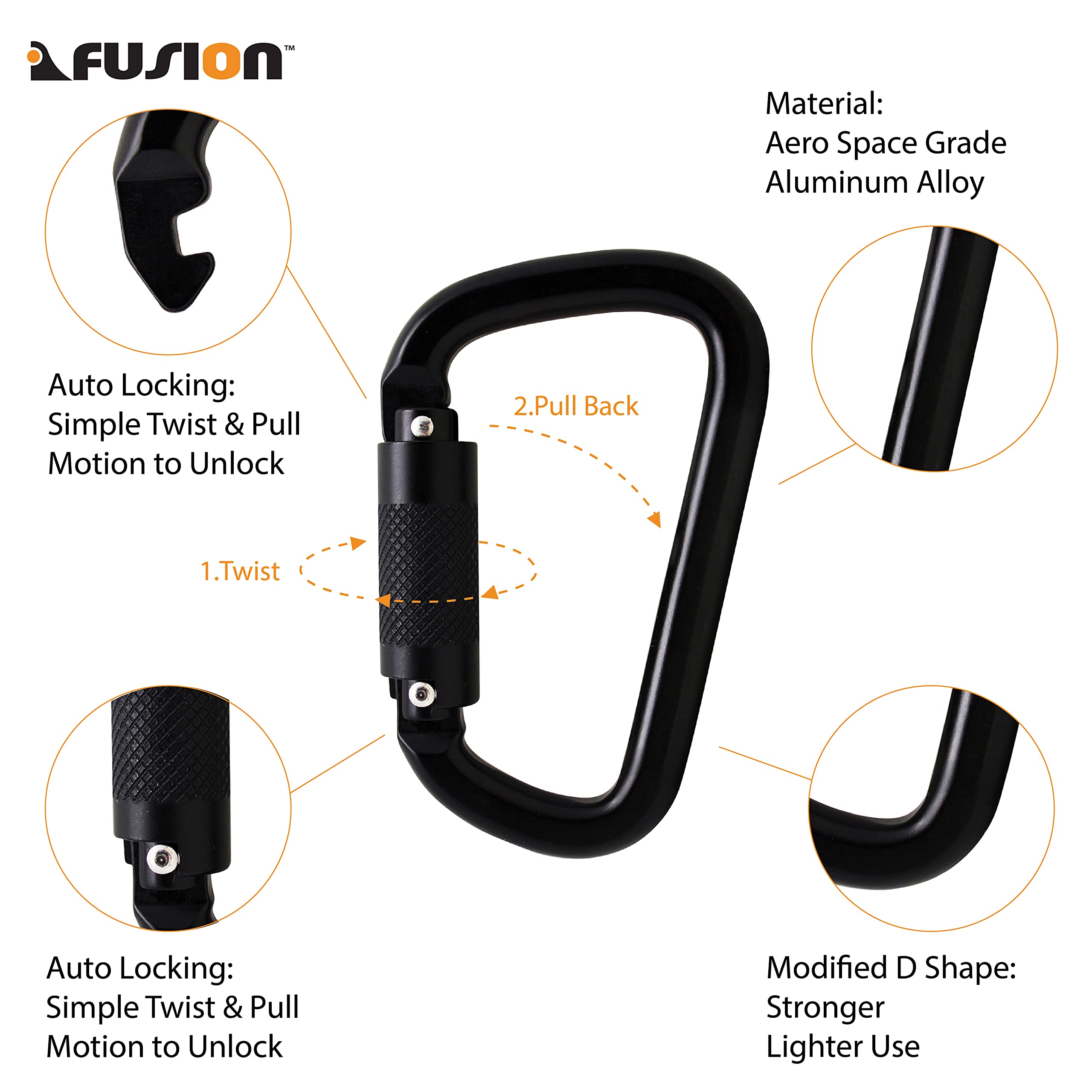 Fusion Climb Swift Lock modified D-shape optimizes load distribution.