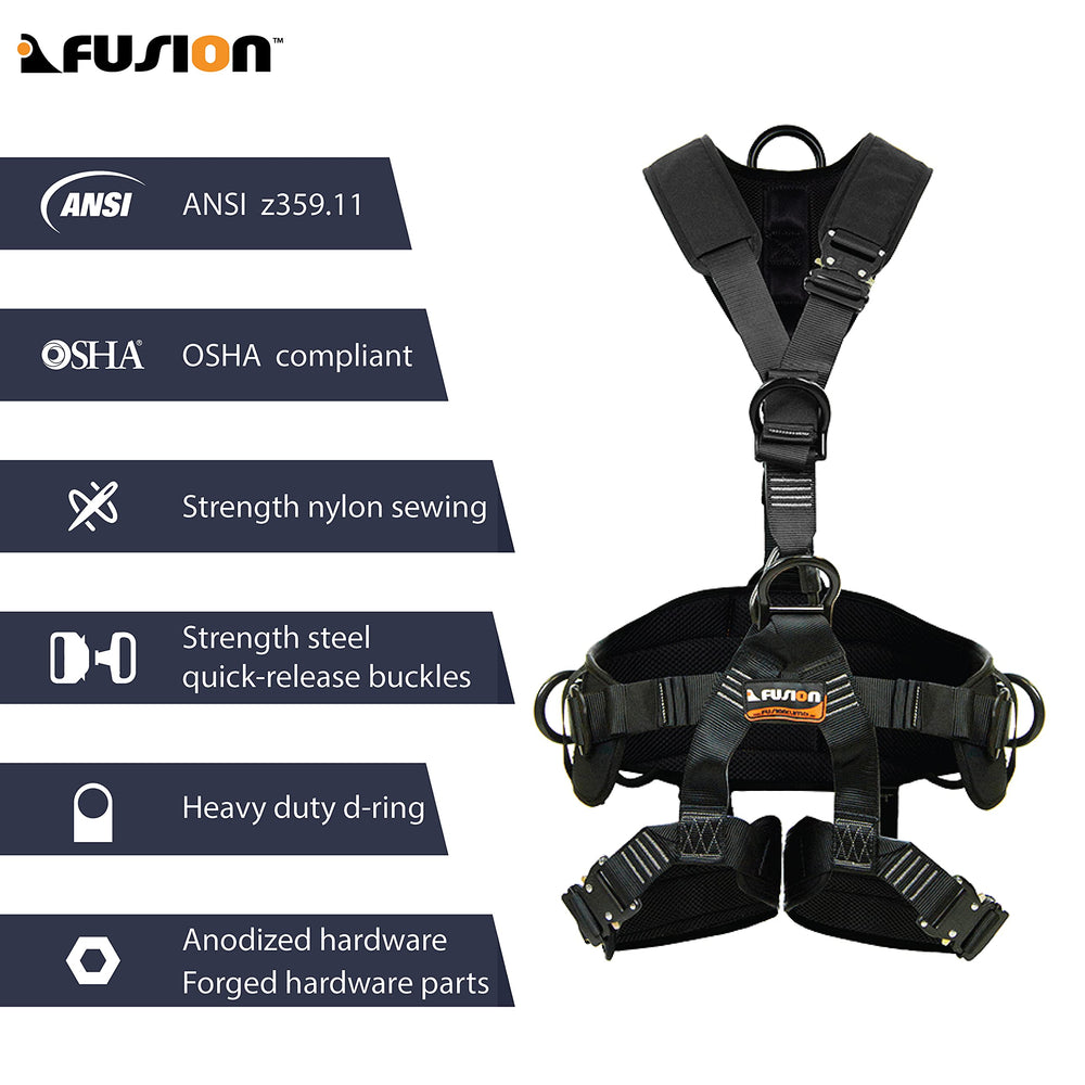 Fusion Climb Tac-Rescue buckle detail showcases 4,000 lb rated steel buckles.
