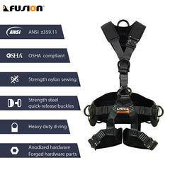 Fusion Climb Tac-Rescue buckle detail showcases 4,000 lb rated steel buckles.