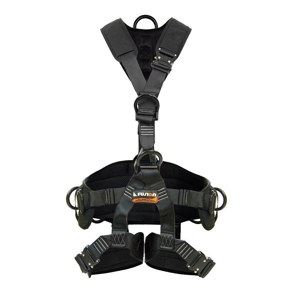 Fusion Climb Tac-Rescue front view shows full-body harness for all-day comfort