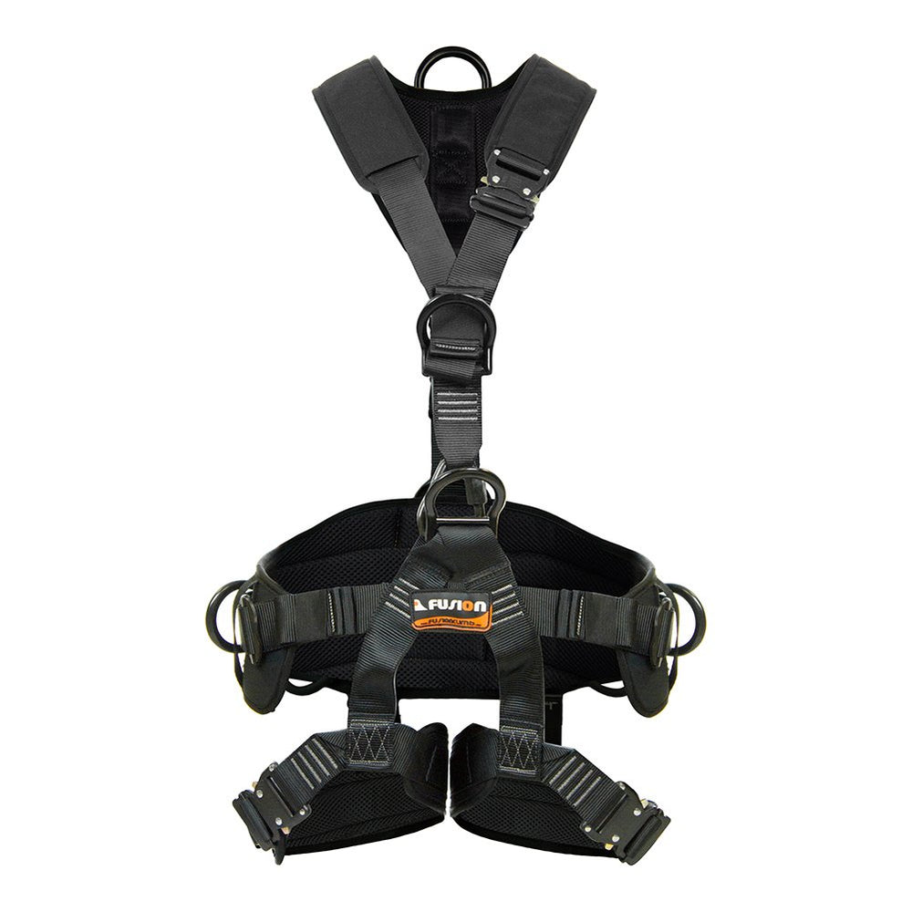 Fusion Climb Tac-Rescue front view shows full-body harness for all-day comfort