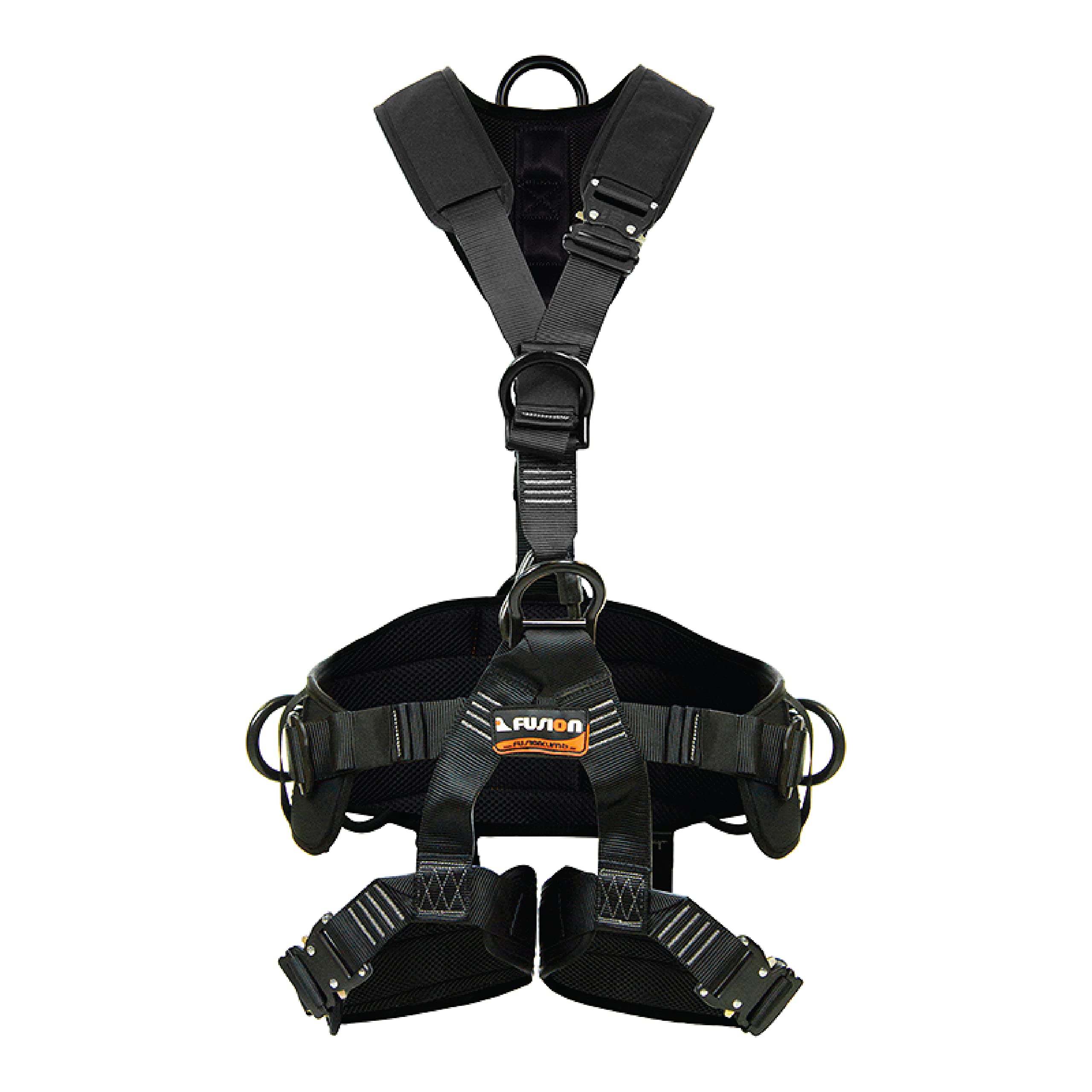 Fusion Climb Tac-Rescue front view highlighting quick-release steel buckles for secure, easy adjustments.