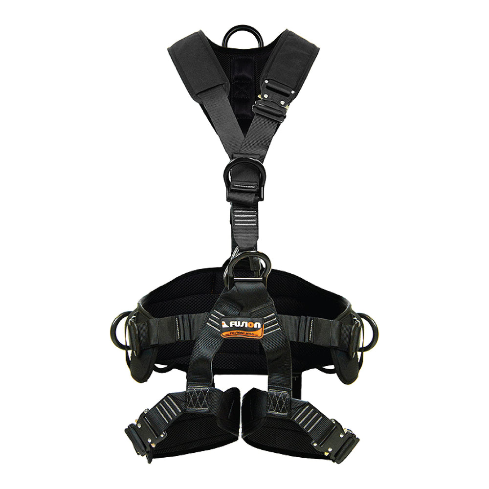 Fusion Climb Tac-Rescue front view highlighting quick-release steel buckles for secure, easy adjustments.