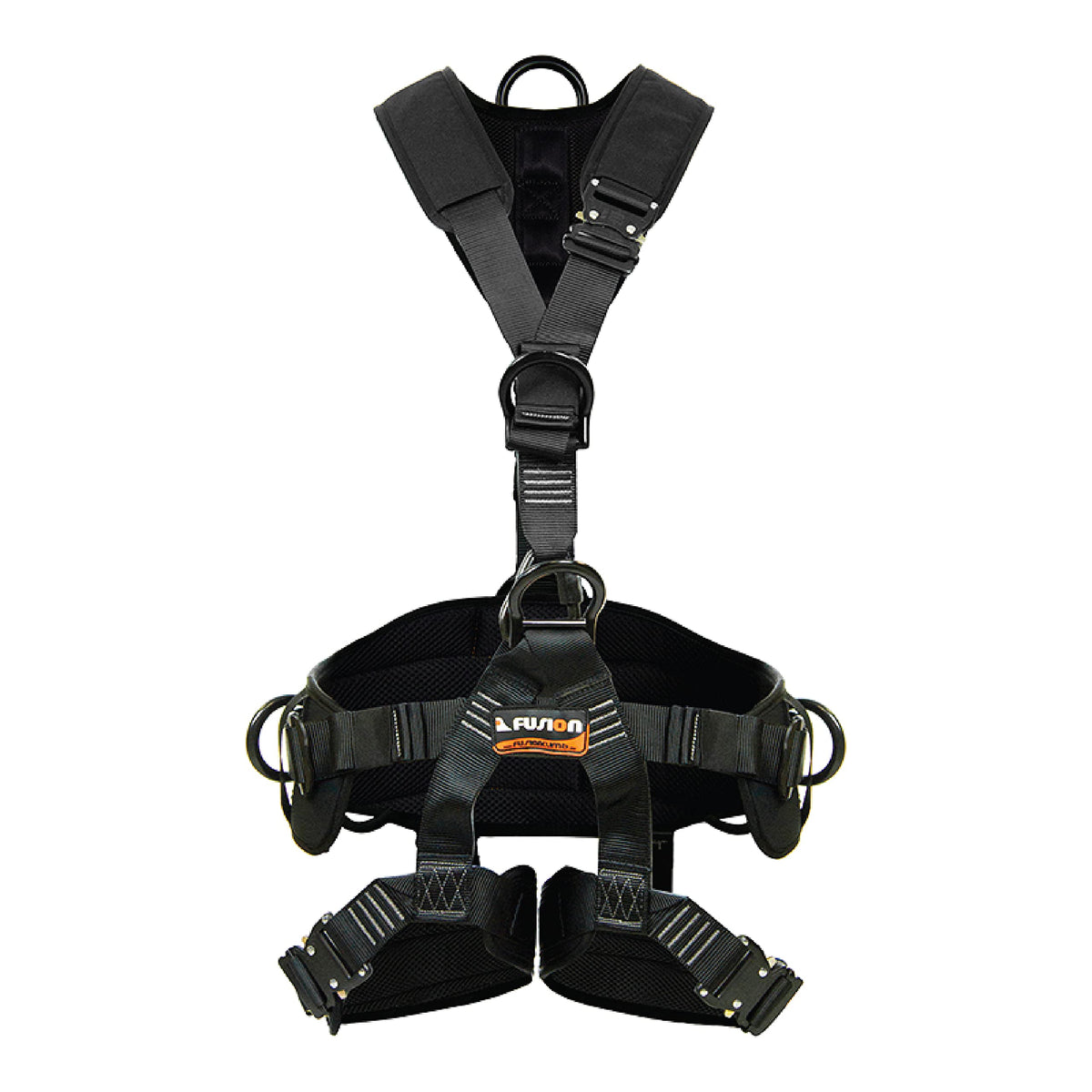 Fusion Climb Tac-Rescue front view highlighting quick-release steel buckles for secure, easy adjustments.