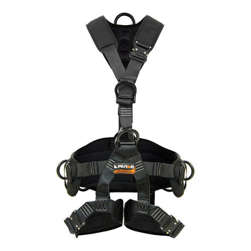 Fusion Climb Tac-Rescue full body harness with foam padding for comfort during tree work.