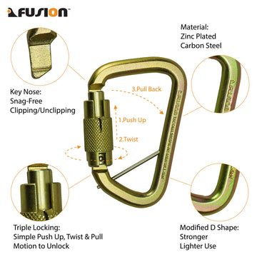 Fusion Climb Tacoma gold auto-lock carabiner captive eye pin prevents rope slippage