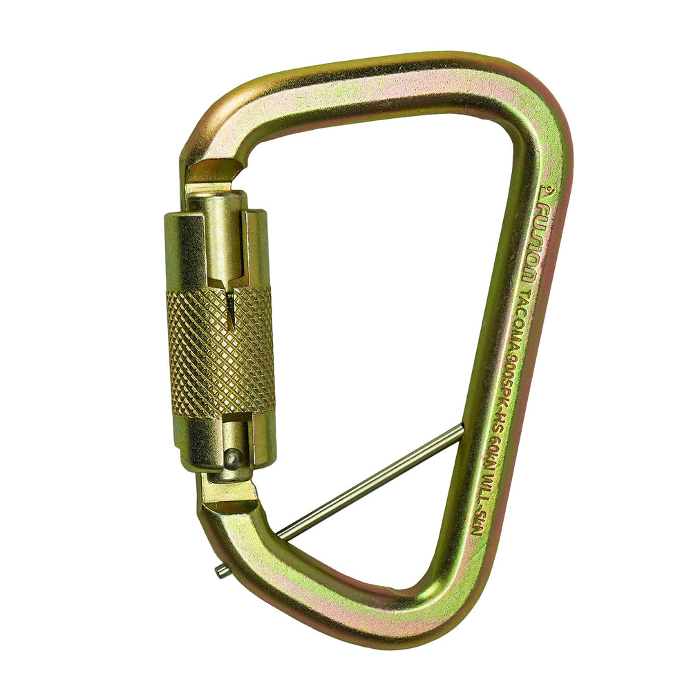 Fusion Climb Tacoma carabiner closeup highlighting rugged steel construction for outdoor use