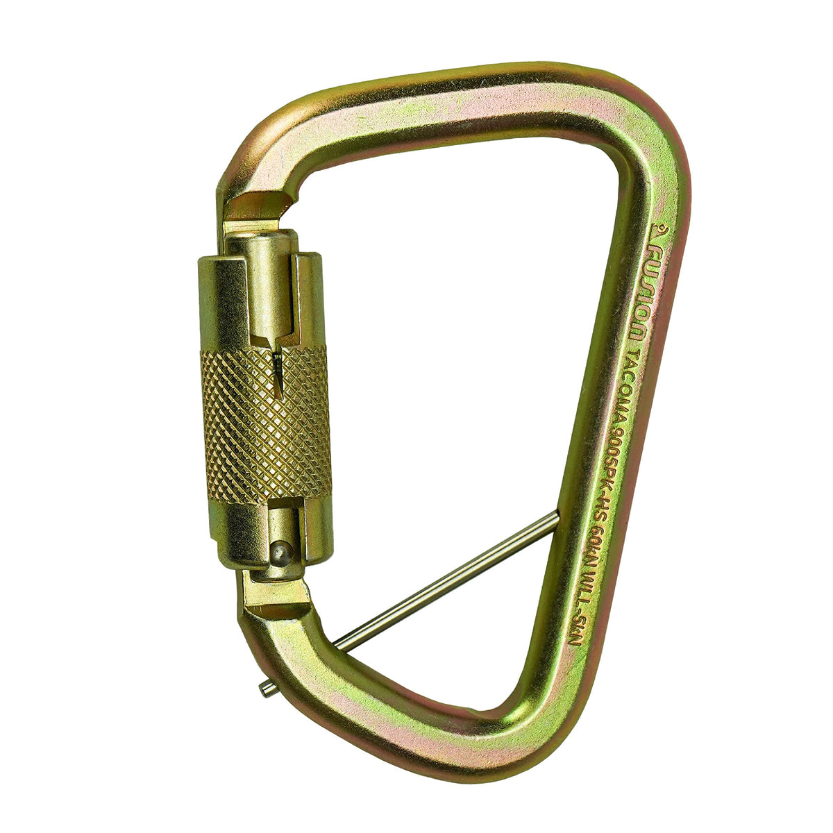 Fusion Climb Tacoma carabiner closeup highlighting rugged steel construction for outdoor use