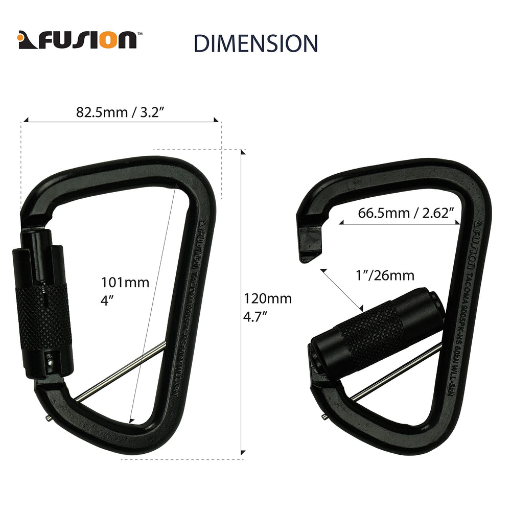 Fusion Climb Tacoma D-shaped carabiner shows auto-locking gate in action.