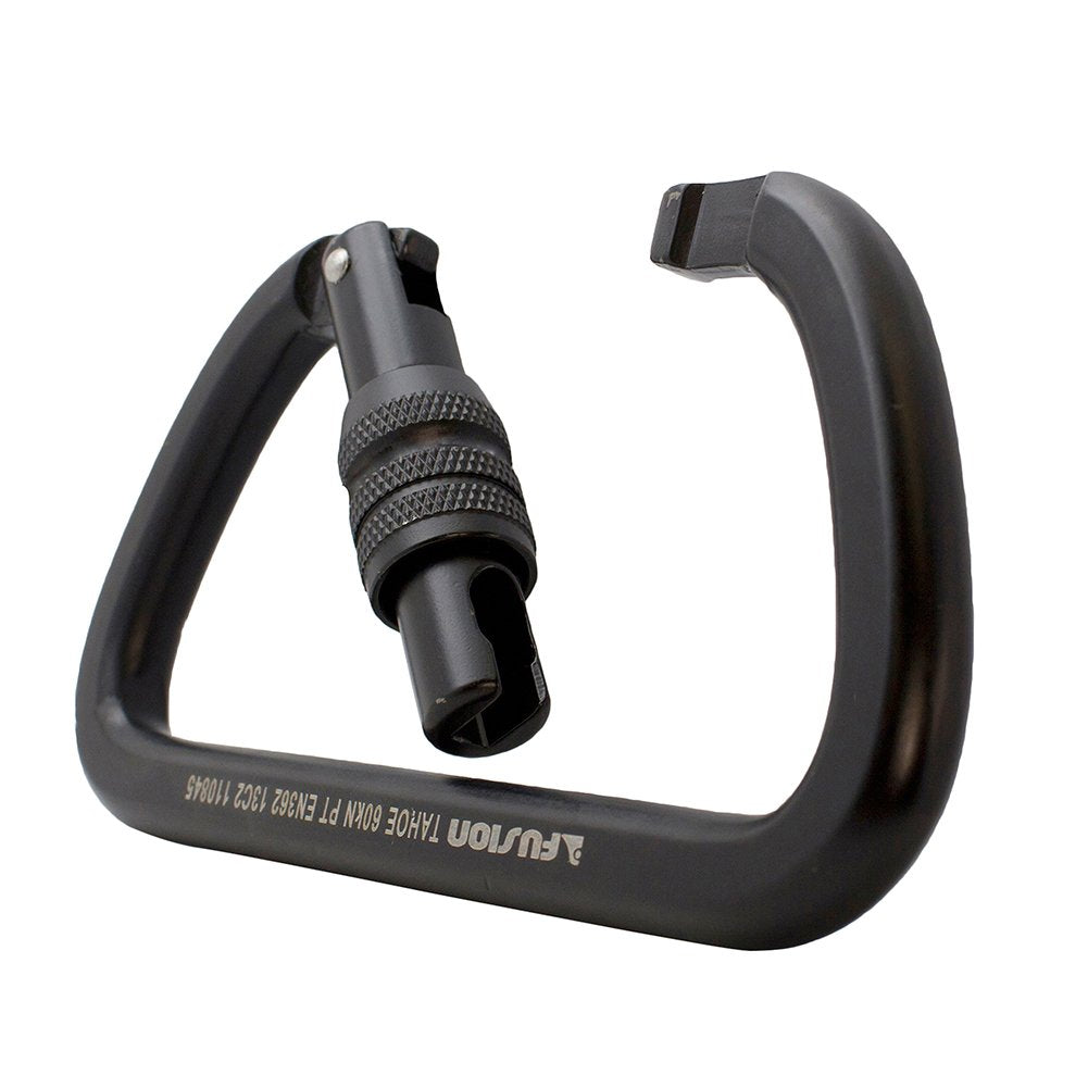 Fusion Climb Tahoe D-shape carabiner profile showing broad gate opening for efficient clipping