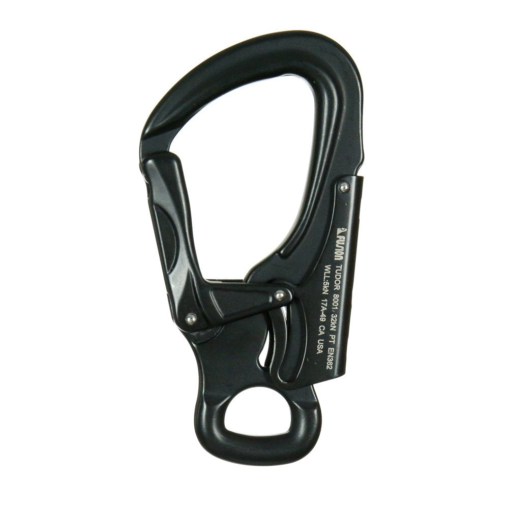 Fusion Climb Tudor captive-eye snap hook shows cross-loading prevention and easy clipping