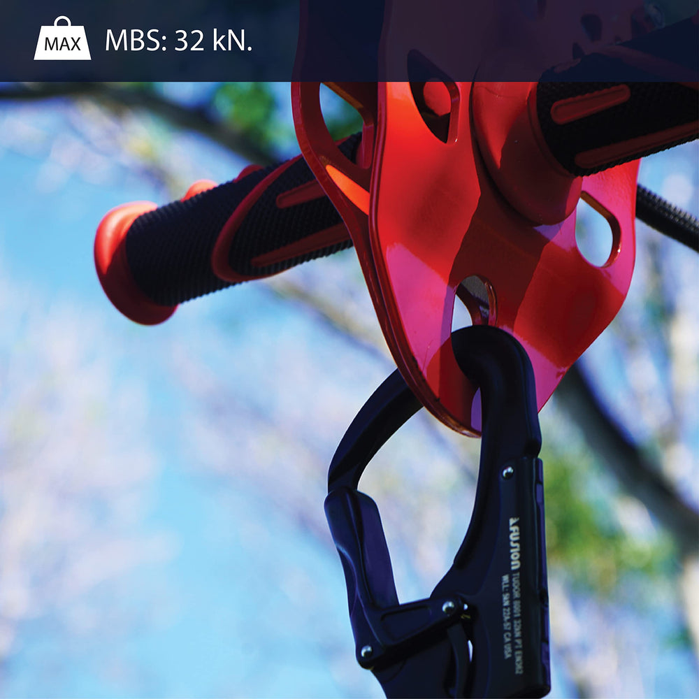 Fusion Climb Tudor carabiner during mountain climbing scenario.