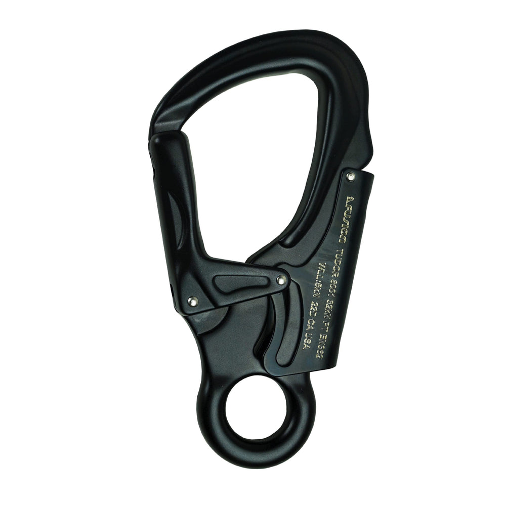 Fusion Climb Tudor snap auto locking carabiner in use for secure rope connections.