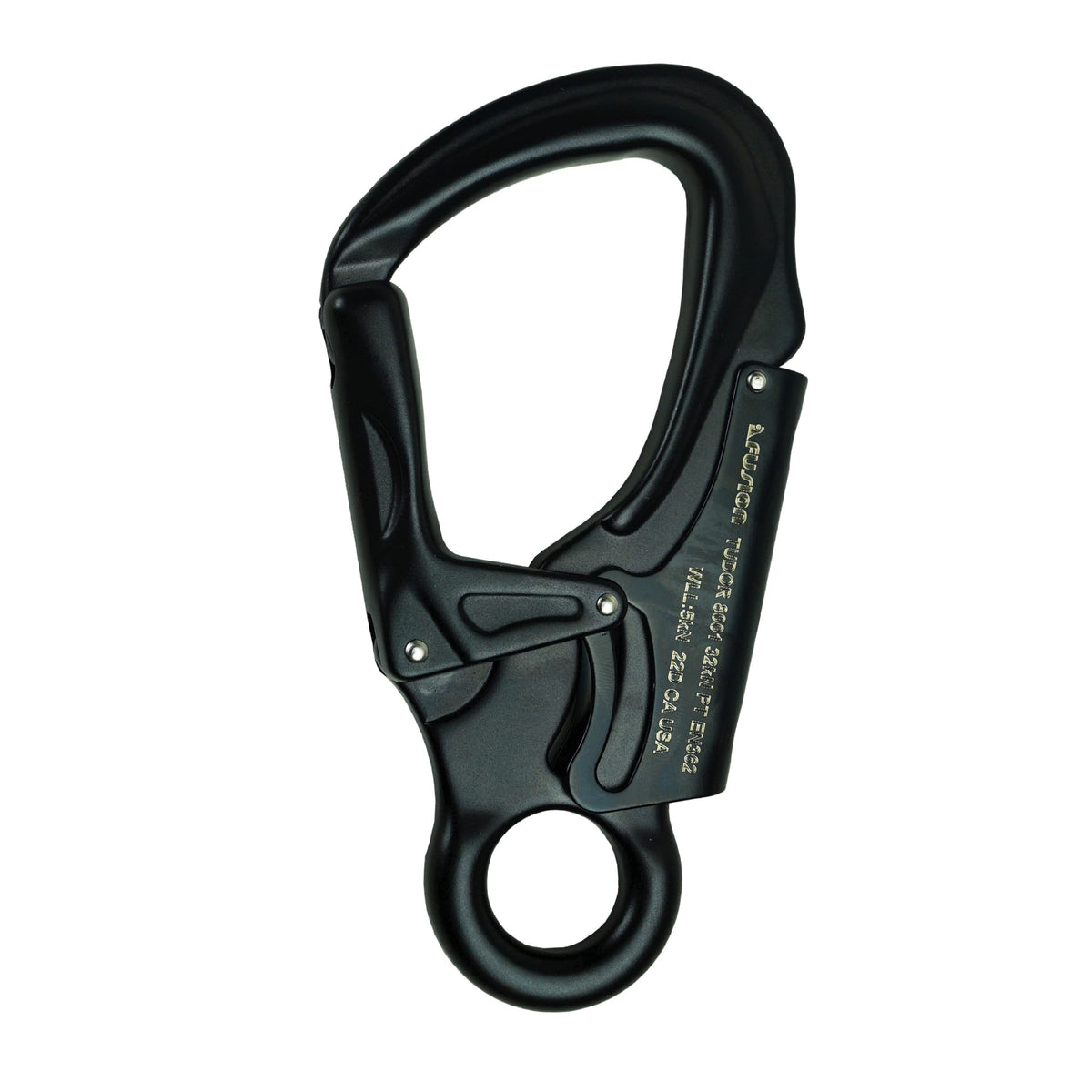 Fusion Climb Tudor snap auto locking carabiner in use for secure rope connections.