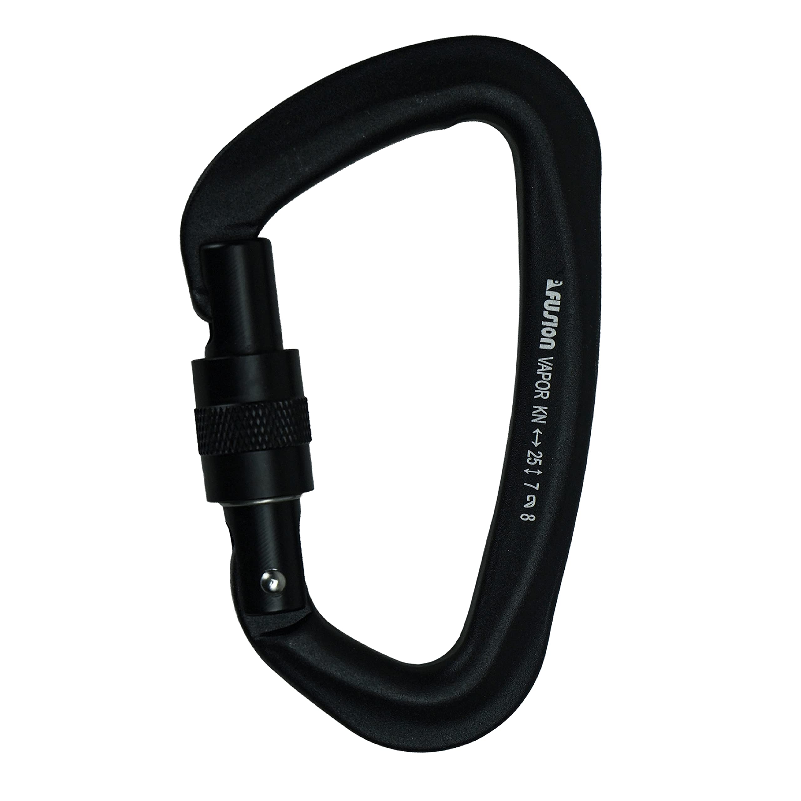 Fusion Climb Vapor III screw-gate D-carabiner in black for secure quick clips.
