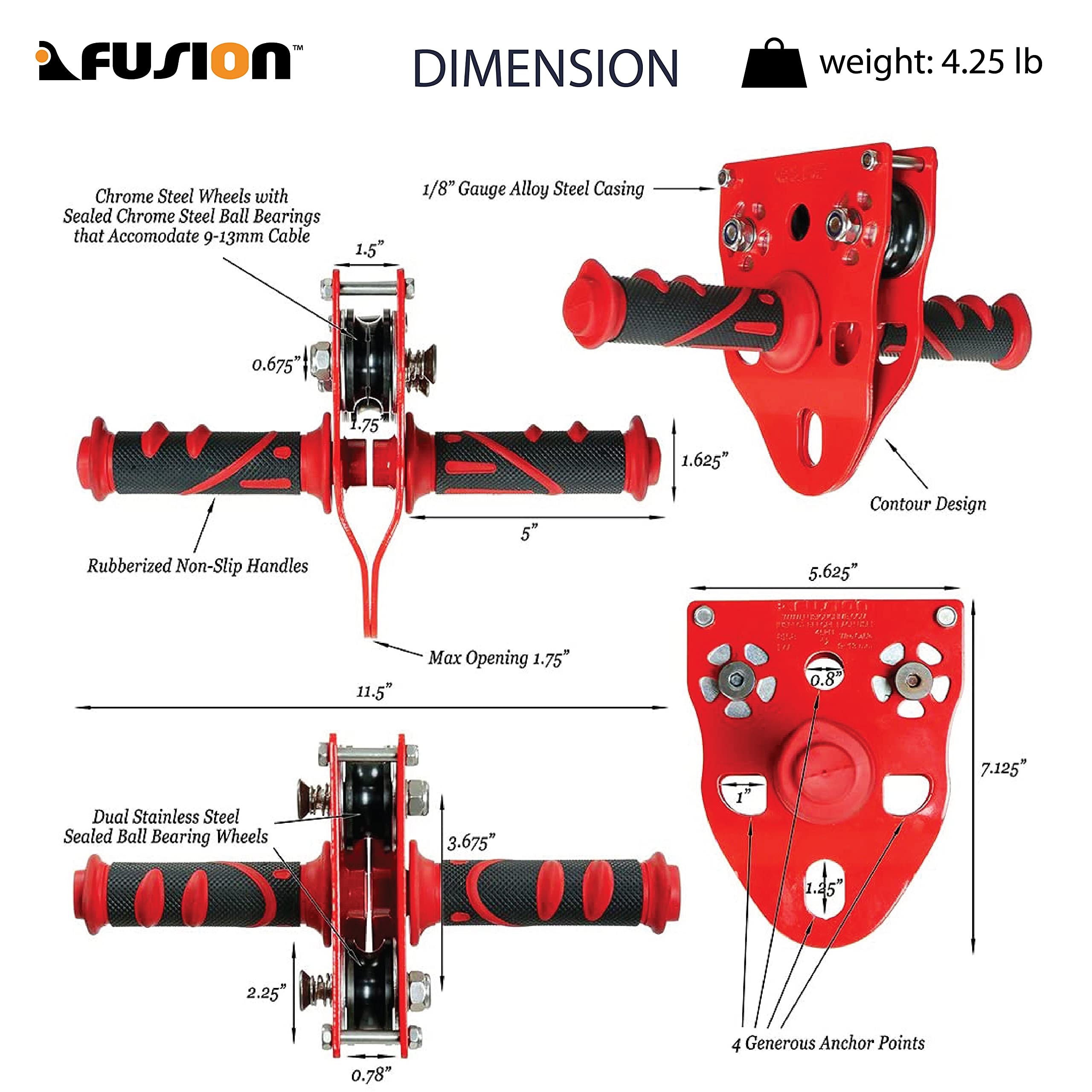 Fusion Climb Z-Max trolley showing steel side plates for strength and longevity.