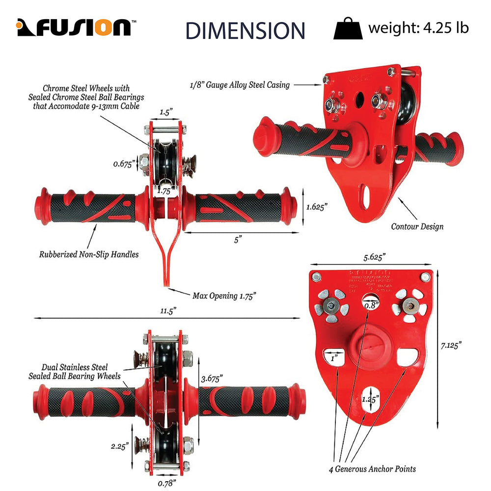 Fusion Climb Z-Max trolley showing steel side plates for strength and longevity.