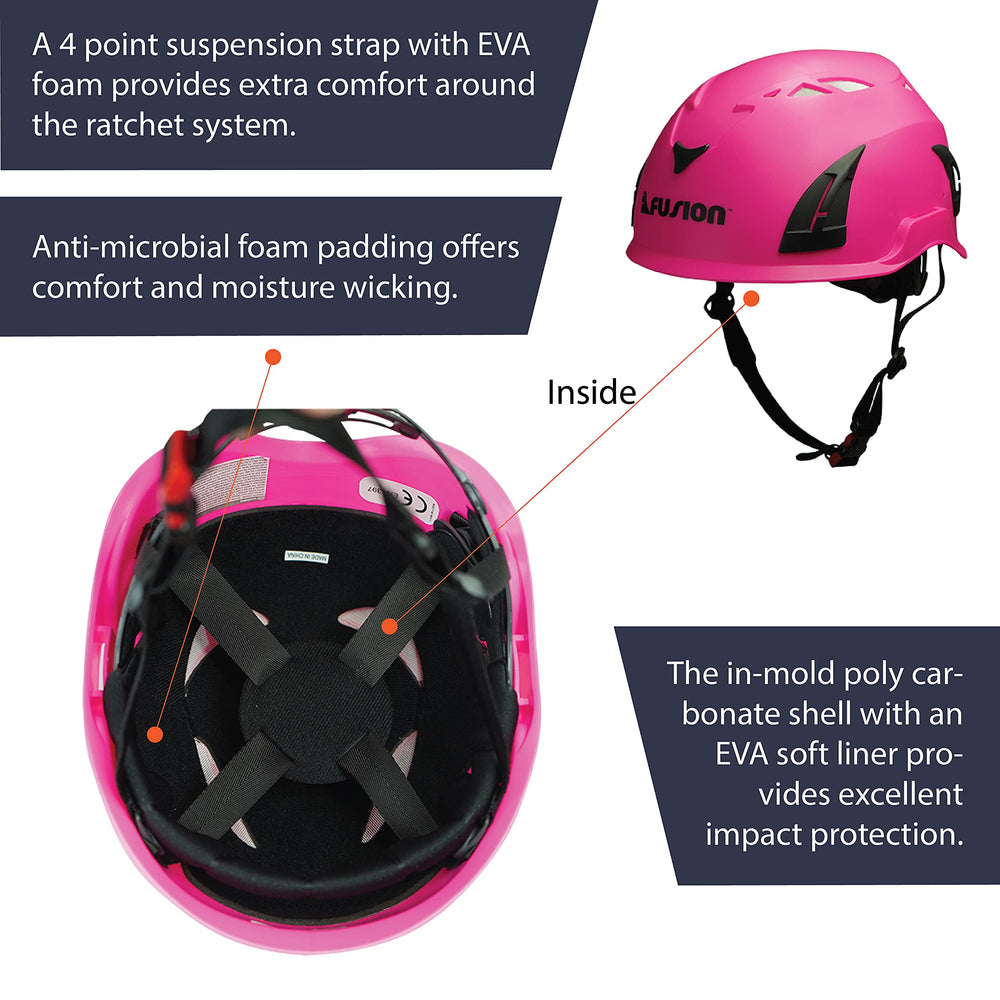 Fusion Meka II suspension straps create space between head and shell for comfort.