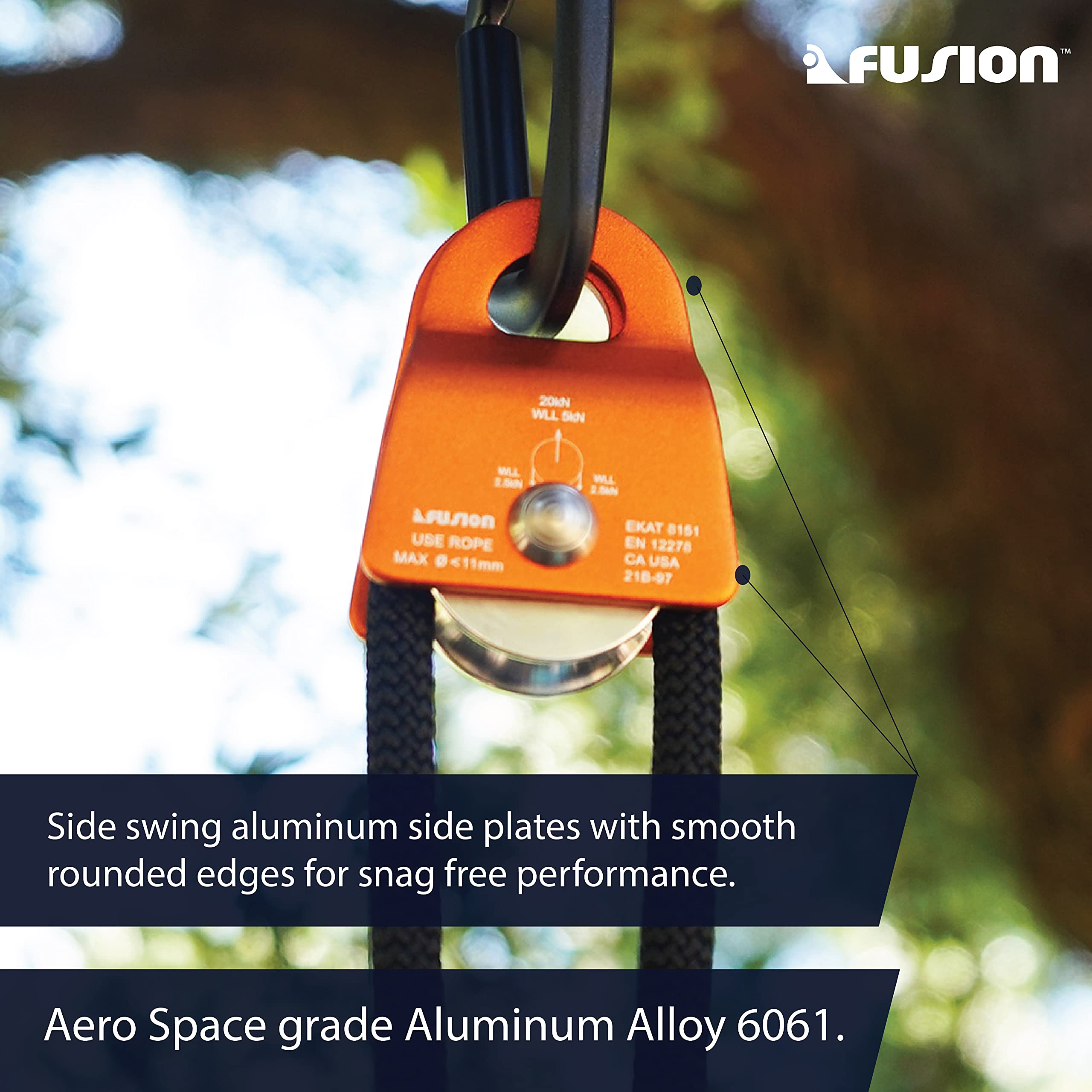 Fusion Micro Pulley 20kN breaking strength supports rigging and rescue setups with confidence