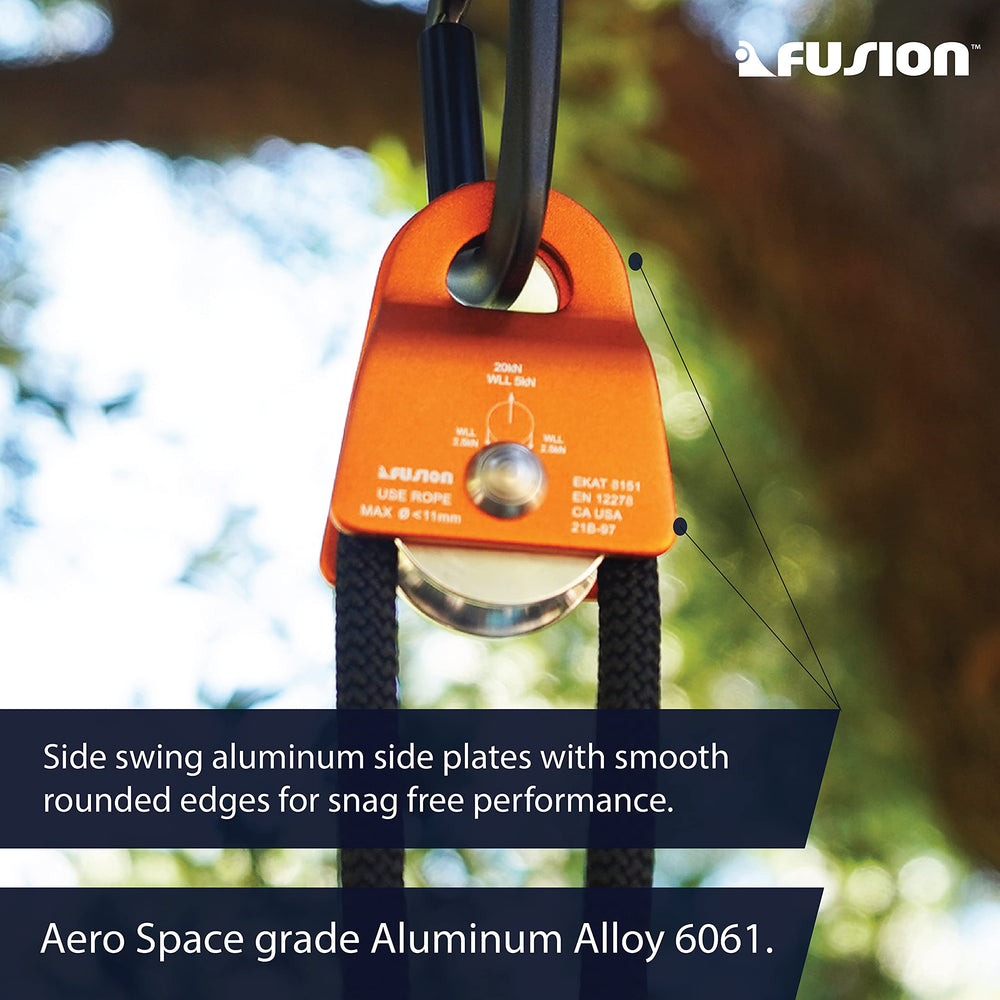 Fusion Micro Pulley 20kN breaking strength supports rigging and rescue setups with confidence