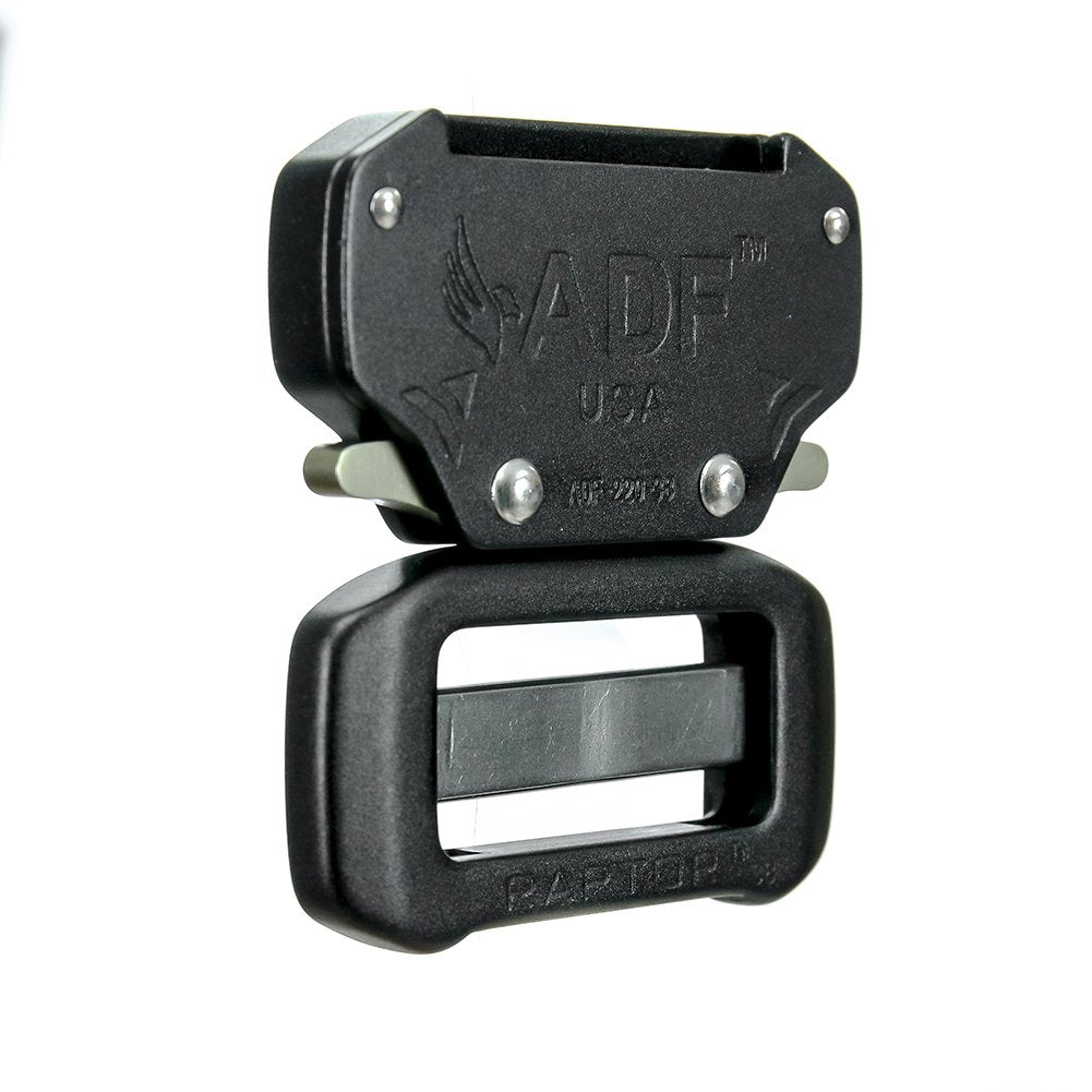 Fusion Raptor II buckle front view highlights aerospace-grade strength for duty wear.