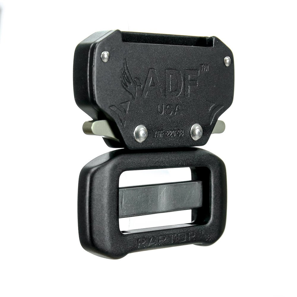 Fusion Raptor II buckle front view highlights aerospace-grade strength for duty wear.