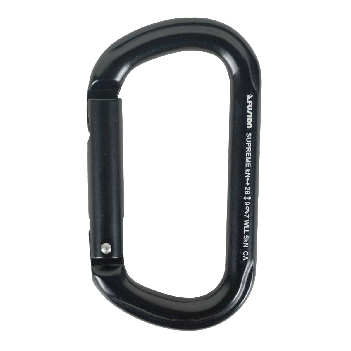 Fusion straight gate carabiner with lightweight aluminum for easy handling.